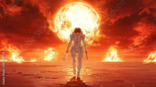 Astronaut walks away from fiery planet. photo