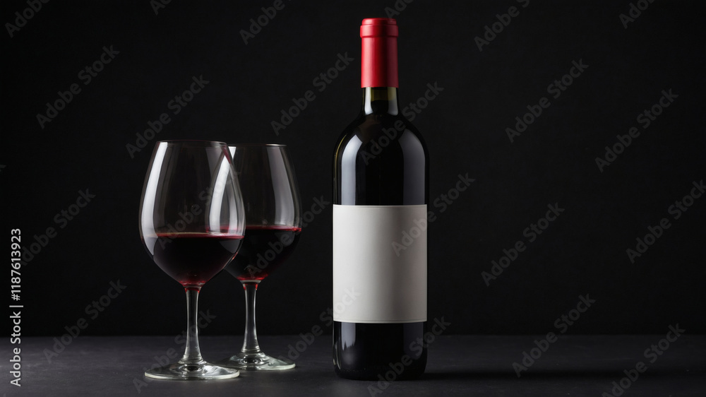 Red wine bottle and two glasses on a dark background. Elegant and minimalist product presentation. Red wine bottle and two glasses on a dark background. Elegant and minimalist product presentation.