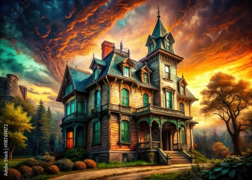 Haunted House Watercolor Architectural Photography AI Art photo