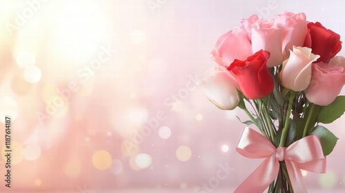 A delicate bouquet of red and pink roses tied with a satin ribbon, ready for Valentine's Day celebrations.