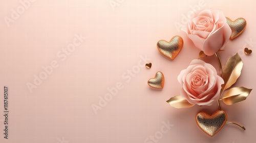 Fototapeta Naklejka Na Ścianę i Meble -  A greeting card for Valentines Day with a stunning rose bouquet and golden heart accents.