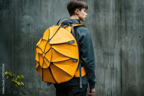 Biomimicry, A stylish backpack designed for compactness and expandability, perfect for travel and everyday use.