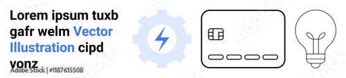 Stylized gear with lightning bolt, credit card, and light bulb icons next to dummy text. Ideal for business strategy, finance, innovation, technology, energy, presentation templates landing page