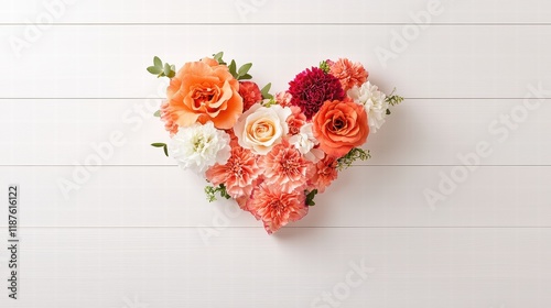 A heart-shaped arrangement of fresh flowers, featuring roses and carnations, perfect for Valentine's Day.