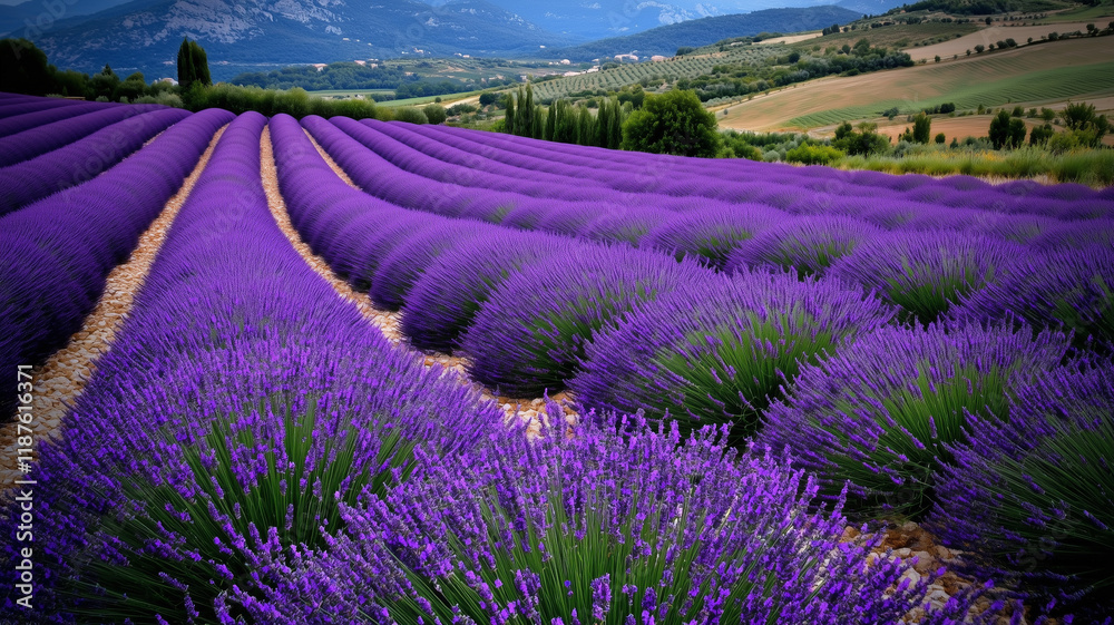 Obraz premium Vibrant lavender fields cascade over rolling hills under a clear sky, a stunning display of nature's beauty and tranquility.