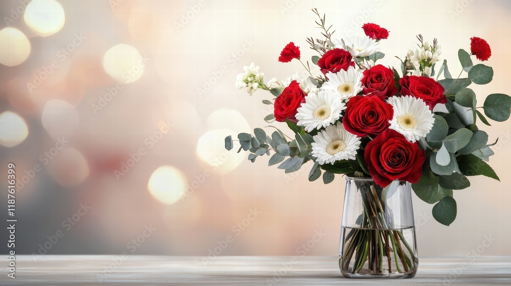 Fototapeta premium A large, luxurious Valentine's bouquet featuring red roses, white daisies, and eucalyptus in a glass vase.