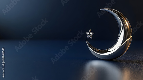 Sleek crescent moon with a star on a glossy blue surface, symbolizing the elegance of Eid Al-Fitr.	 photo