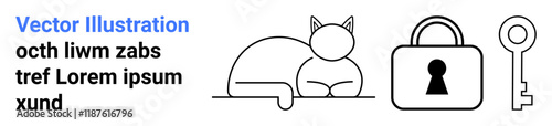 Cat lying down, padlock, and key represent security and calmness. Placeholder text suggesting form. Ideal for security concepts, pet care, privacy, relaxation, placeholder designs vector icons