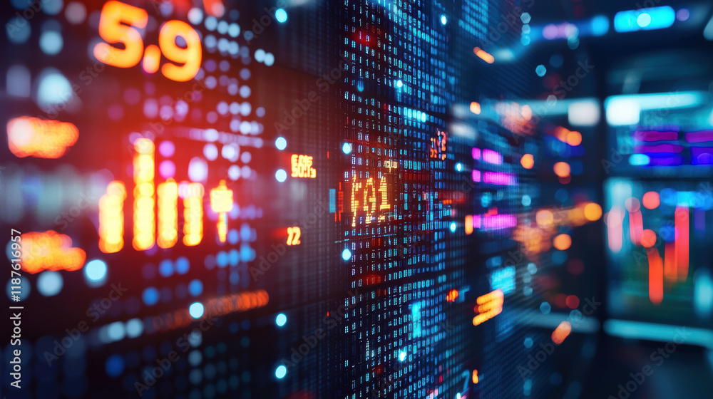Digital screens display stock market data in busy trading floor Digital screens display stock market data in busy trading floor