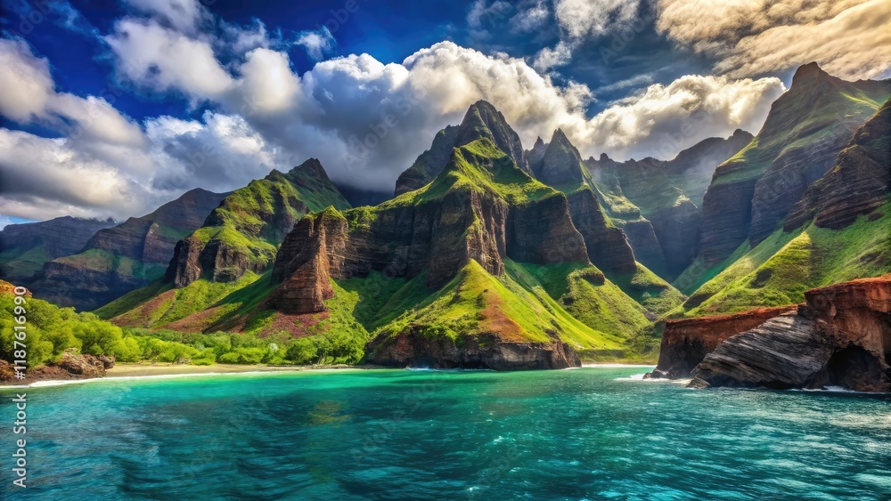 Obraz premium Honopu Bay Napali Coast Kauai Hawaii Panoramic Water View