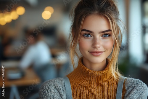 Young Woman Smiling Wearing Mustard Sweater photo