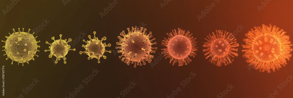 Progression of virus forms illustrating development from basic structure to complex characteristics. Generative AI Progression of virus forms illustrating development from basic structure to complex characteristics. Generative AI