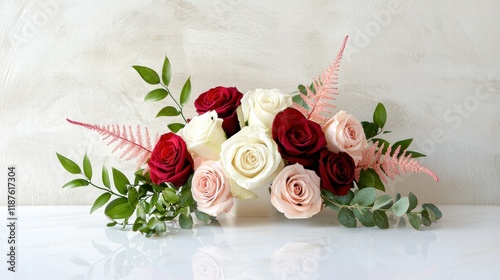 A modern bouquet of red, white, and pink roses with greenery, elegantly arranged for Valentine's Day.