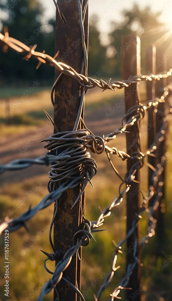 Rustic Barbed Wire Fence at Golden Hour: A Close-Up