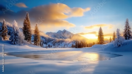 A peaceful winter mountain landscape with frost-covered trees, a frozen lake, and soft golden light breaking over the horizon.