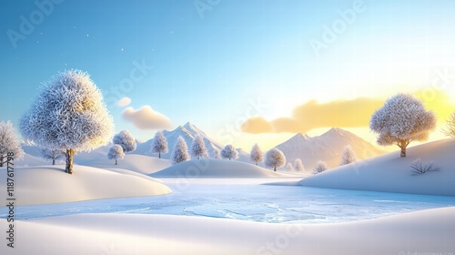 A peaceful winter mountain landscape with frost-covered trees, a frozen lake, and soft golden light breaking over the horizon.