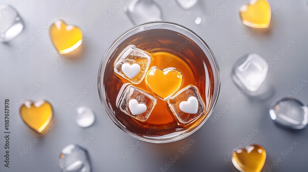 A photo of iced coffee with heart-shaped ice cubes floating in the glass. A photo of iced coffee with heart-shaped ice cubes floating in the glass.
