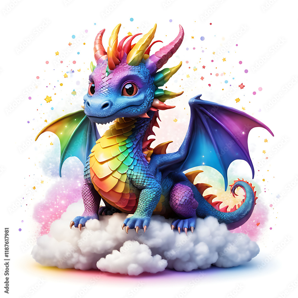 Fototapeta premium Rainbow Glow Baby Dragon on a Cloud