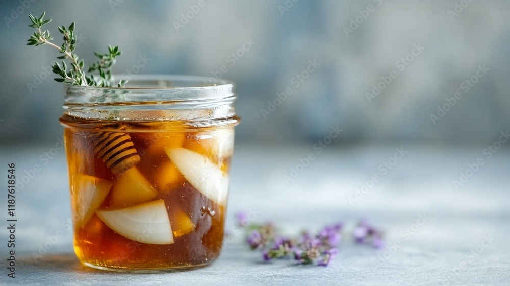 Fototapeta premium Homemade honey fermented garlic with thyme in a glass jar