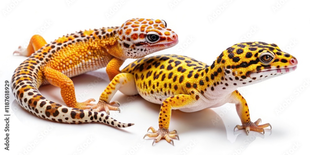 Naklejka premium Stunning Product Photography of Two Different Morph Types of Leopard Gecko on White Background - Eublepharis Macularius Close-Up, Unique Reptile Skin Patterns, Exotic Pets