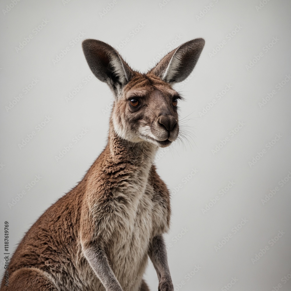 Fototapeta premium A kangaroo with sharp eyes, standing tall against a white backdrop.