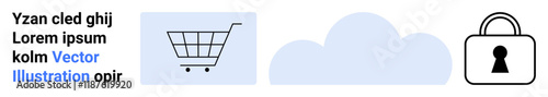 Shopping cart icon, cloud shape, and security lock symbol emphasizing online shopping, cloud storage, and data security. Ideal for e-commerce, data management, cybersecurity, digital services cloud