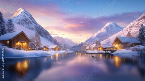 A tranquil winter scene of a mountain village nestled among snowy peaks, with warm lights glowing from rustic wooden cabins.