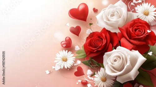A Valentines card featuring a bunch of red roses and white flowers, with a touching love message.