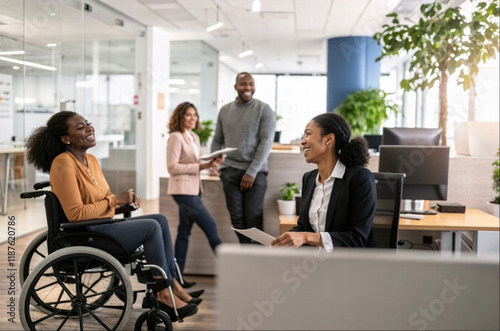 In a bright office, a diverse group of colleagues engage in conversation. A woman in a wheelchair smiles while discussing ideas with her teammates.