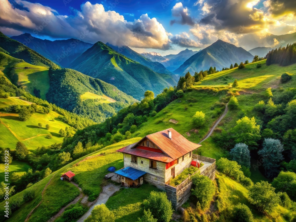 Fototapeta premium Karachay-Cherkessia Mountain View - Small House & Green Hills - AI Photography