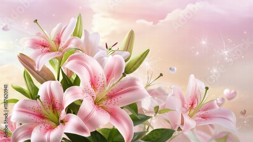 A Valentines Day card with a gorgeous flower bouquet design, featuring pink lilies and roses.