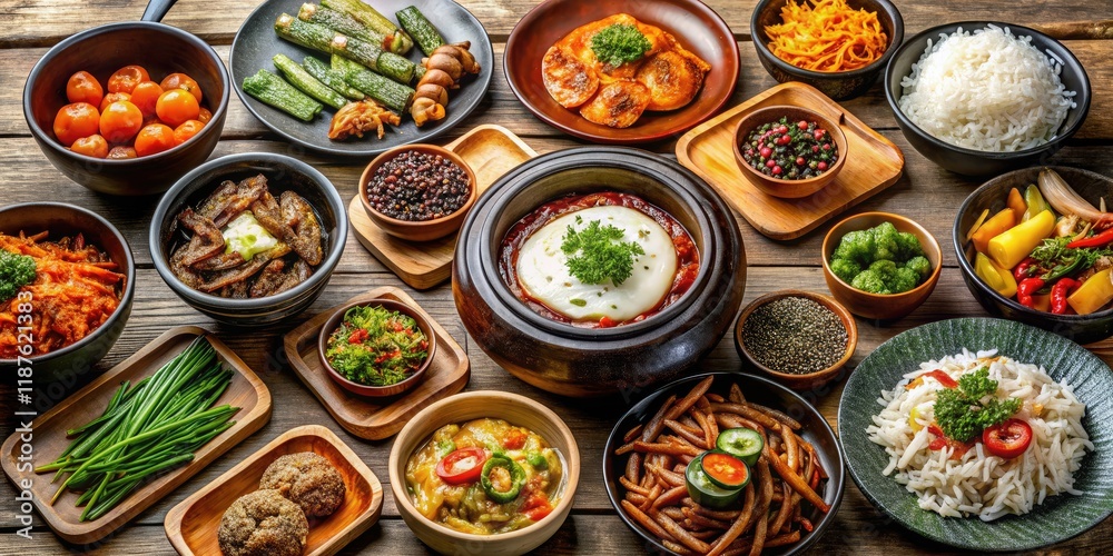 Fototapeta premium Korean Food on Dining Table - Vibrant & Delicious Dishes, Appetizing Still Life, Authentic Korean Cuisine