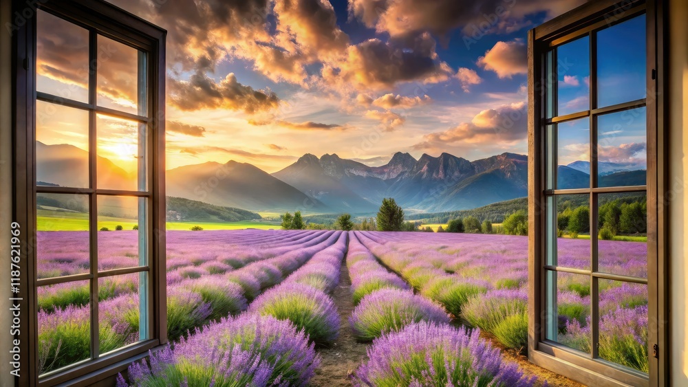 Fototapeta premium Lavender Field Mountain View from Window - Panoramic AI Photo