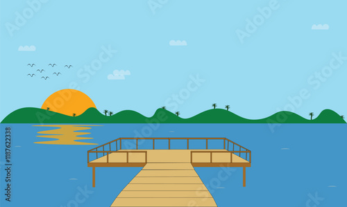 Beautiful Wooden Bridge on The Lake Landscape With Clouds Mountains