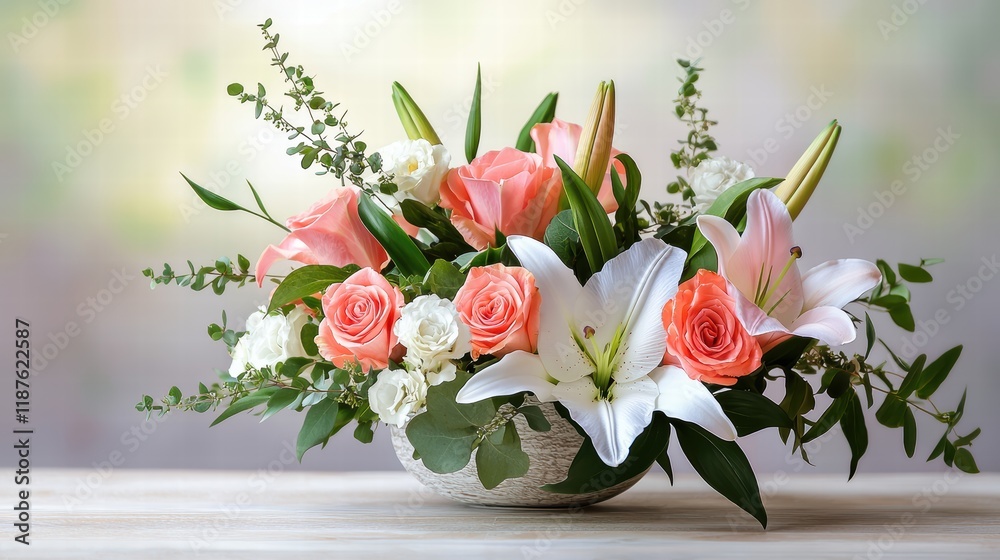Elegant Valentine's Day flower arrangement with roses, lilies, and greenery in a vase Elegant Valentine's Day flower arrangement with roses, lilies, and greenery in a vase