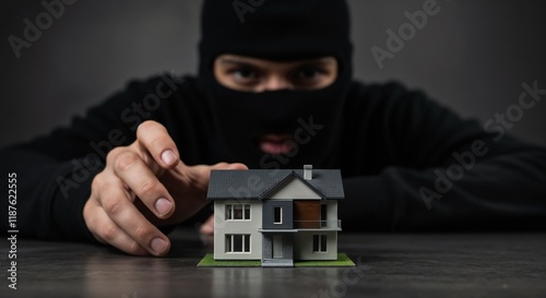 Depicts a burglar in black clothing and mask examining a small house model, symbolizing property theft and security concerns.

