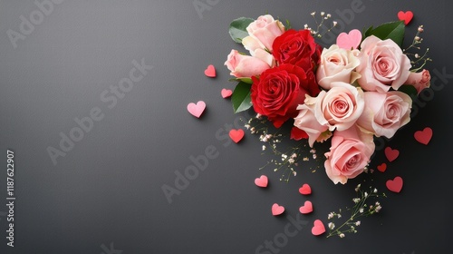 Heart-shaped floral arrangement with pink and red roses for Valentine's Day gifting