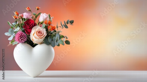 Romantic Valentine's Day flower arrangement in a heart-shaped vase with roses and other flowers