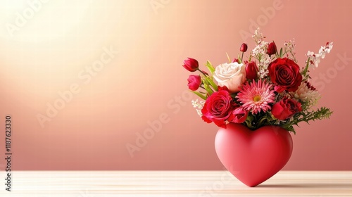 Romantic Valentine's Day flower arrangement in a heart-shaped vase with roses and other flowers