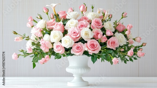 Soft pink and white roses arranged in a delicate vase for a Valentine's Day display