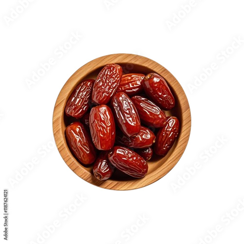 A wooden bowl filled with many dates on a white or transparent background.