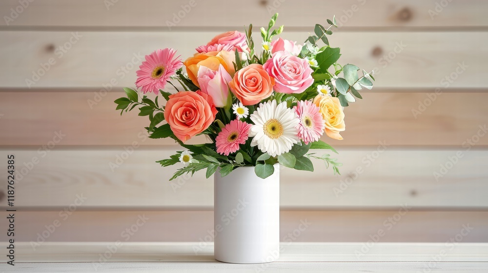Valentine's Day flower arrangement with a mix of colorful roses, daisies, and greenery in a decorative vase Valentine's Day flower arrangement with a mix of colorful roses, daisies, and greenery in a decorative vase