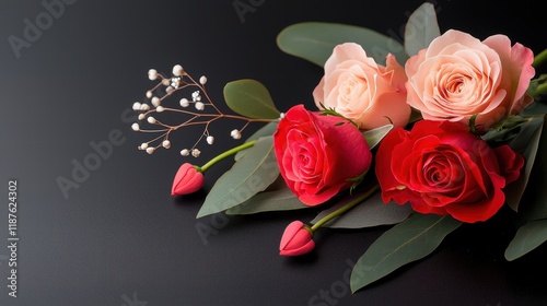 Valentine's Day floral arrangement featuring red and pink roses with greenery and delicate accents