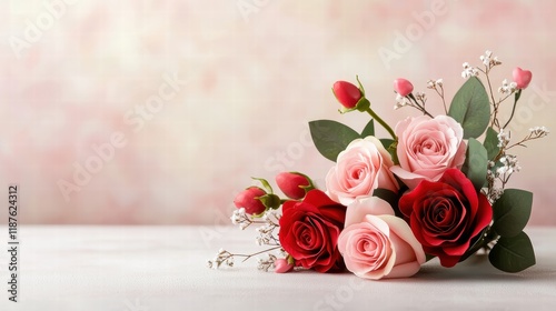 Valentine's Day floral arrangement featuring red and pink roses with greenery and delicate accents