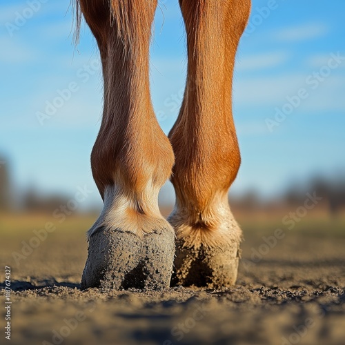 Close-up Image of a Horse's Hooves in a Muddy Field on a Sunny Day Against a Clear, Blue Sky with Soft, Blurred Background photo