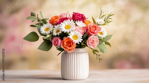 Valentine's Day flower arrangement with a mix of colorful roses, daisies, and greenery in a decorative vase