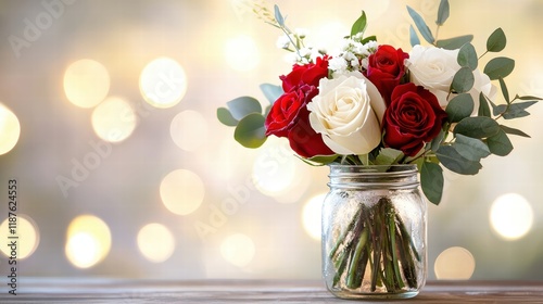 Valentine's Day flowers in a rustic mason jar, featuring red and white roses with greenery