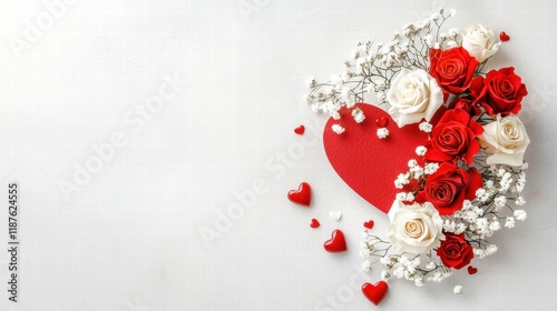 Valentine's Day flowers in a romantic heart-shaped arrangement with roses and baby's breath