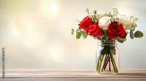 Valentine's Day flowers in a rustic mason jar, featuring red and white roses with greenery