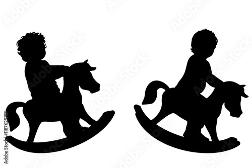 Children silhouettes. Little boys swinging on a toy horse. Vector illustration.	
